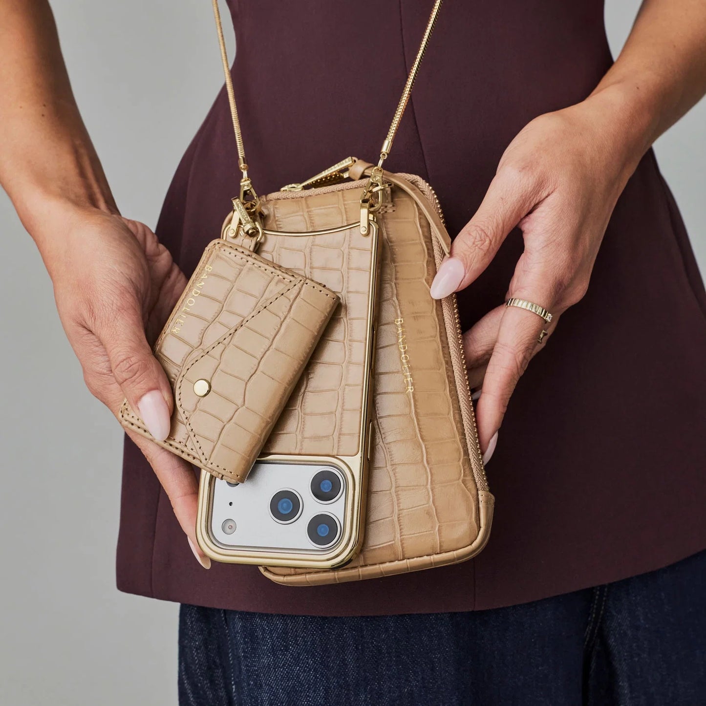 Expanded Zip Pouch - Tan Croc/Gold