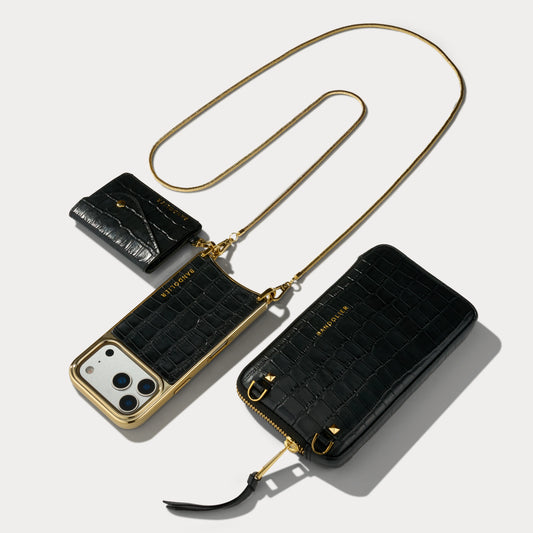 Remi Chain Magnet Wallet Crossbody Phone Case Pouch Set - Black Croc/Gold
