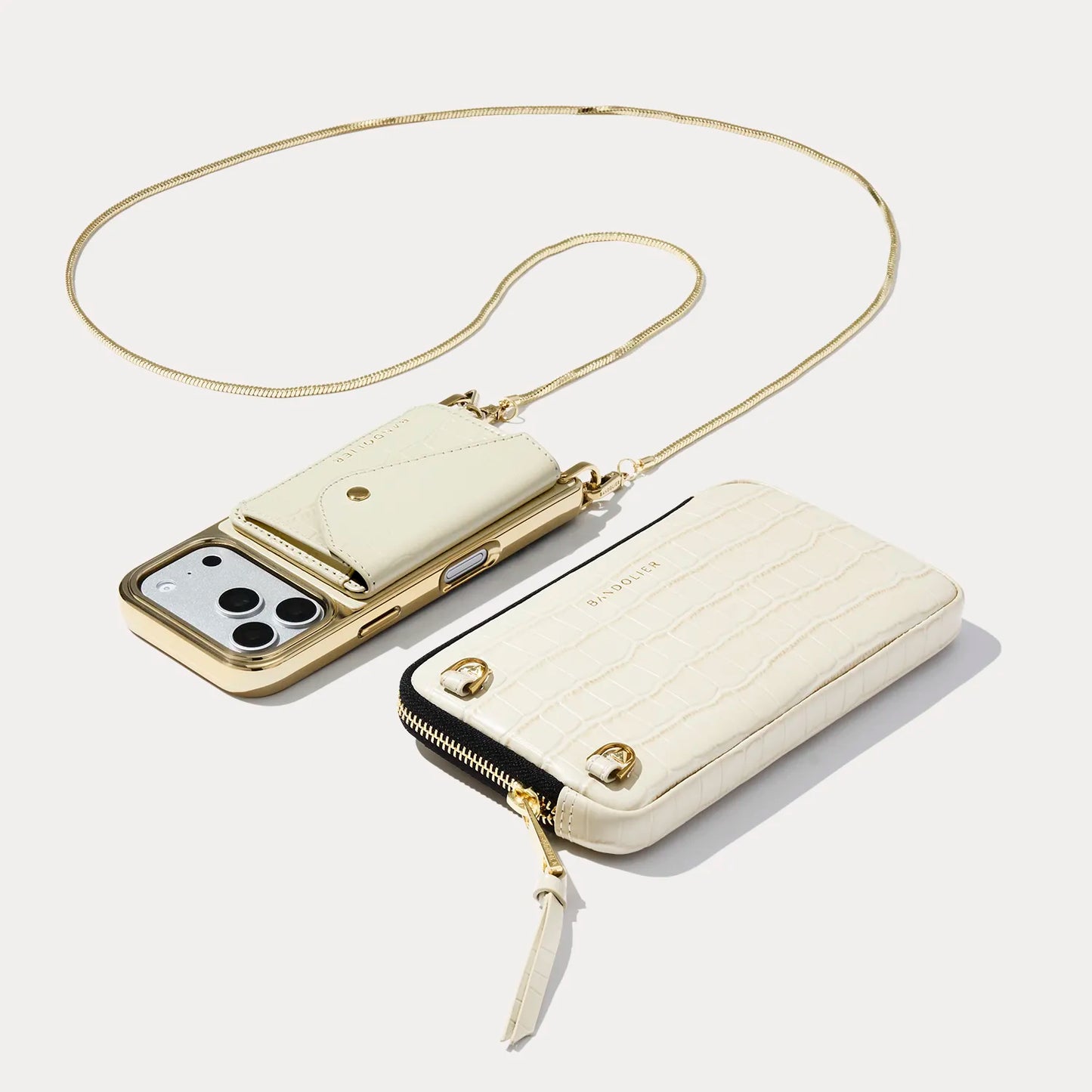 Remi Magnet Wallet Crossbody Phone Case Pouch Set - Ivory Croc/Gold