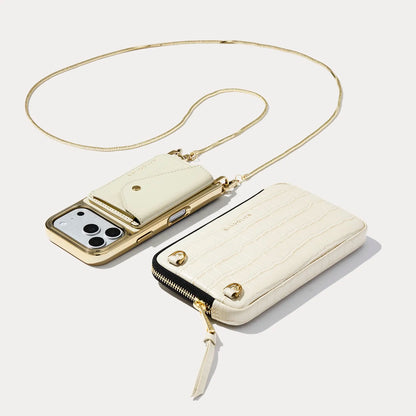 Remi Magnet Wallet Crossbody Phone Case Pouch Set - Ivory Croc/Gold
