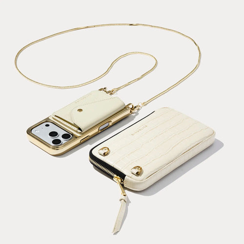 Remi Magnet Wallet Crossbody Phone Case Pouch Set - Ivory Croc/Gold