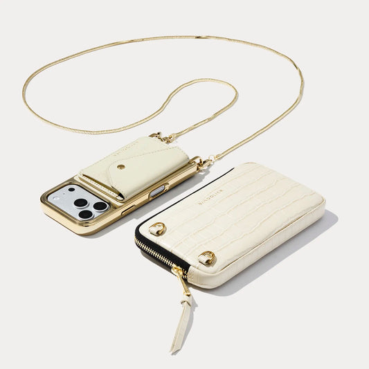 Remi Magnet Wallet Crossbody Phone Case Pouch Set - Ivory Croc/Gold