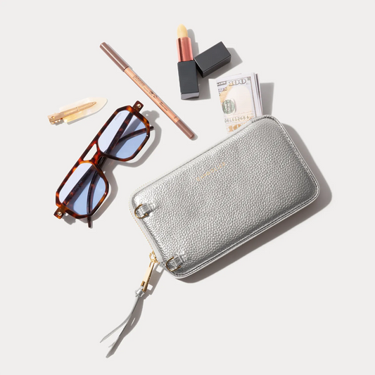 Pebble Leather Expanded Zip Pouch  - Metallic Silver/Gold