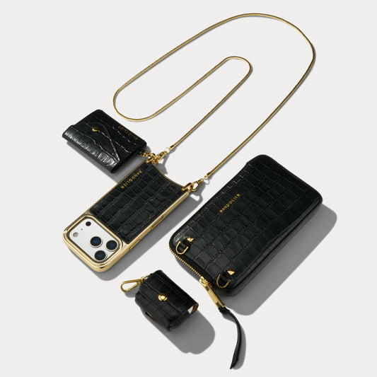 Remi Chain Magnet Wallet Crossbody Phone Case Essentials Set - Black Croc/Gold