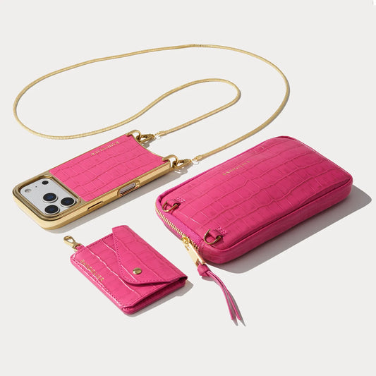 Remi Magnet Wallet Crossbody Phone Case Pouch Set - Magenta Croc/Chrome Gold