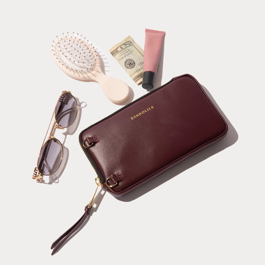 Smooth Leather Expanded Zip Pouch - Wine/Gold