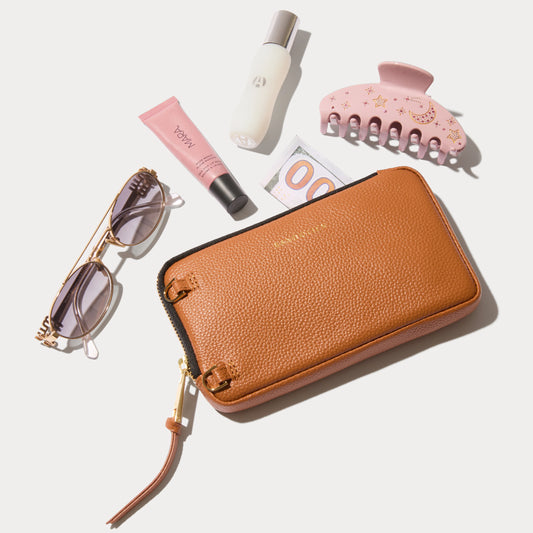 Pebble Leather Expanded Zip Pouch - Saddle Brown/Gold