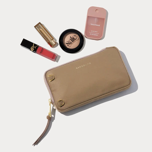 Nylon Expanded Zip Pouch - Taupe/Gold