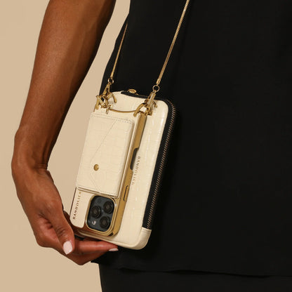 Remi Magnet Wallet Crossbody Phone Case Pouch Set - Ivory Croc/Gold