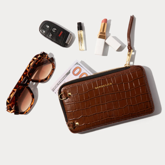 Expanded Zip Pouch - Brown Croc/Gold