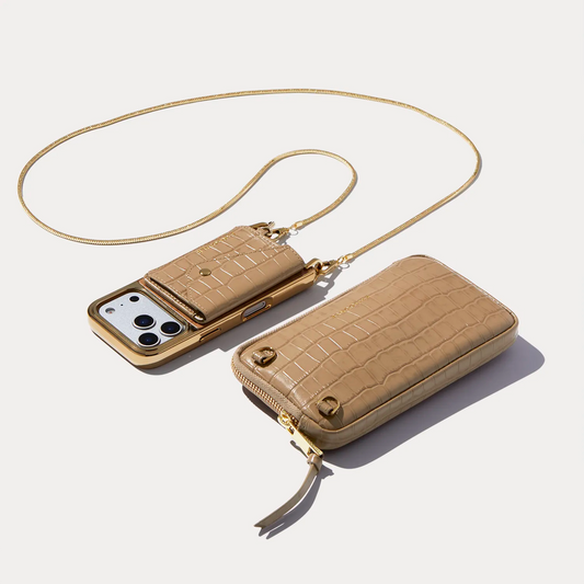 Remi Magnet Wallet Crossbody Phone Case Pouch Set - Tan Croc/Chrome Gold