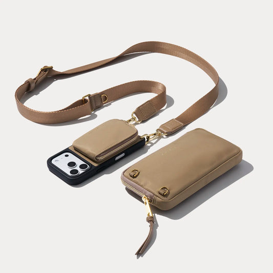 Nova Nylon Magnet Wallet Crossbody Phone Case Pouch Set - Taupe/Gold
