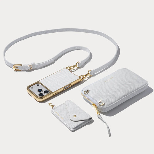 Remi Magnet Wallet Crossbody Phone Case Pouch Set - White Snake/Gold