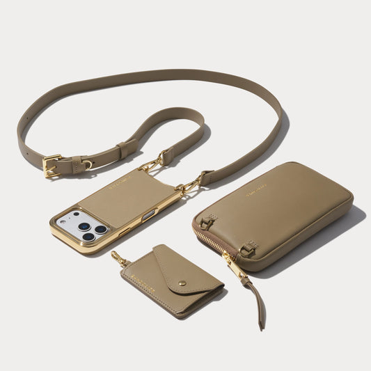 Remi Magnet Wallet Crossbody Phone Case Pouch Set - Khaki/Chrome Gold