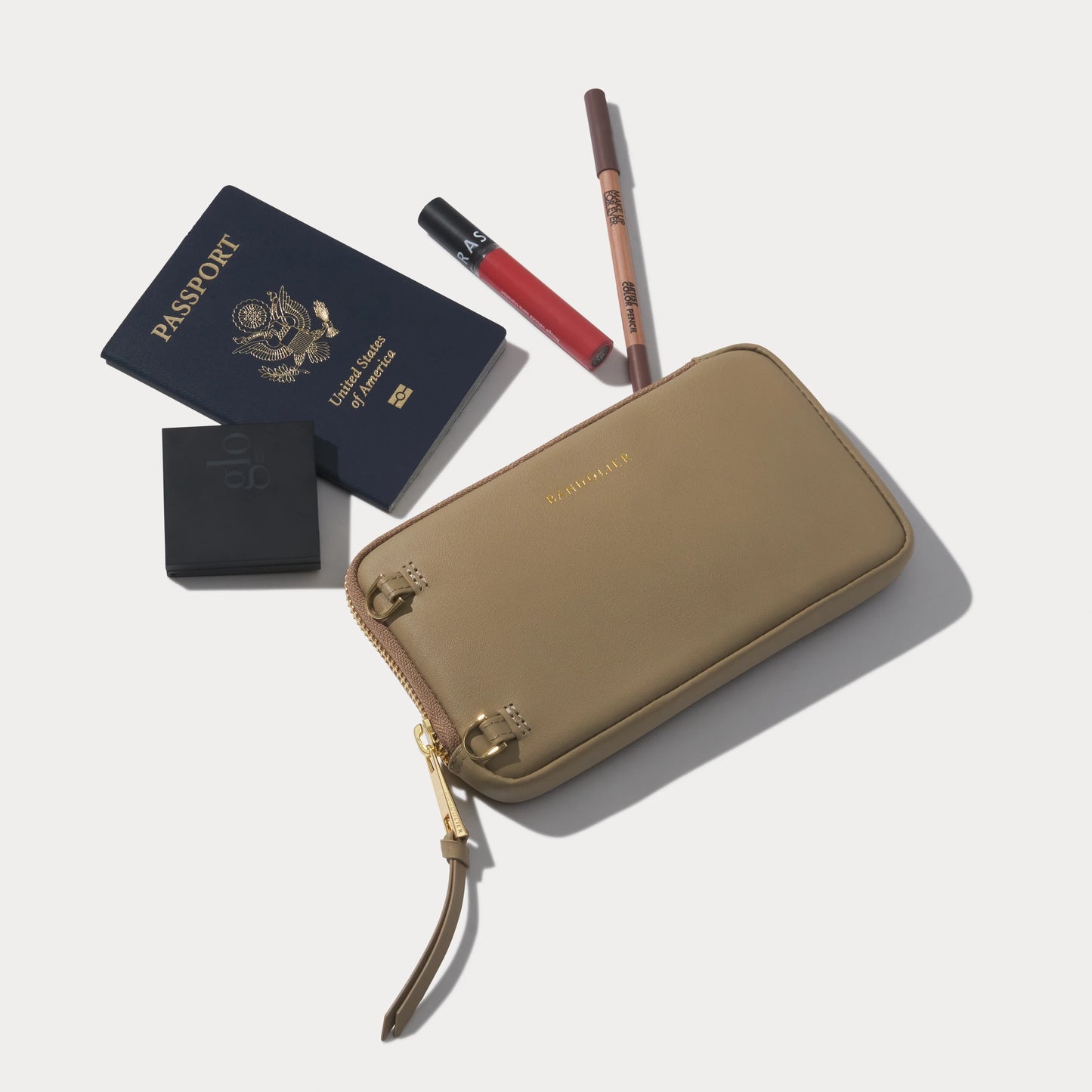 Smooth Leather Expanded Zip Pouch - Khaki/Gold