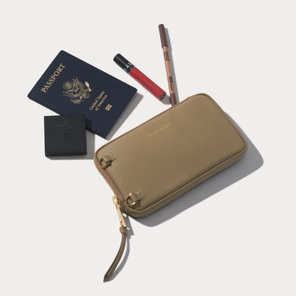 Smooth Leather Expanded Zip Pouch - Khaki/Gold