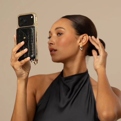 Remi Magnet Wallet Crossbody Phone Case - Black Croc/Gold