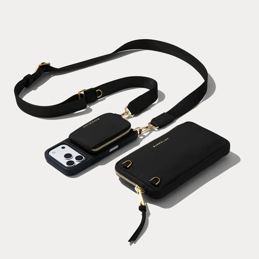 Nova Nylon Magnet Wallet Crossbody Phone Case Pouch Set - Black/Gold