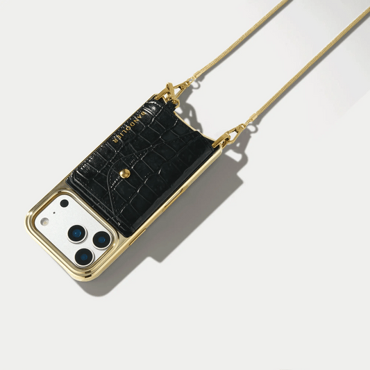 Remi Chain Magnet Wallet Crossbody Phone Case - Black Croc Chrome/Gold