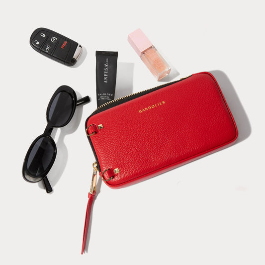 Pebble Leather Expanded Zip Pouch - Red/Gold