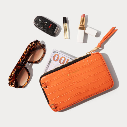 Expanded Zip Pouch - Orange Croc/Gold