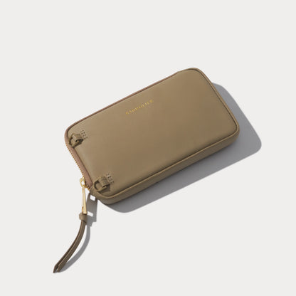Smooth Leather Expanded Zip Pouch - Khaki/Gold