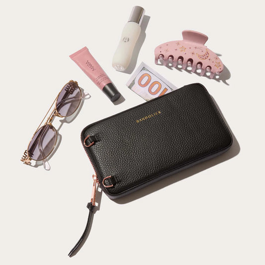 Pebble Leather Expanded Zip Pouch - Black/Rose Gold