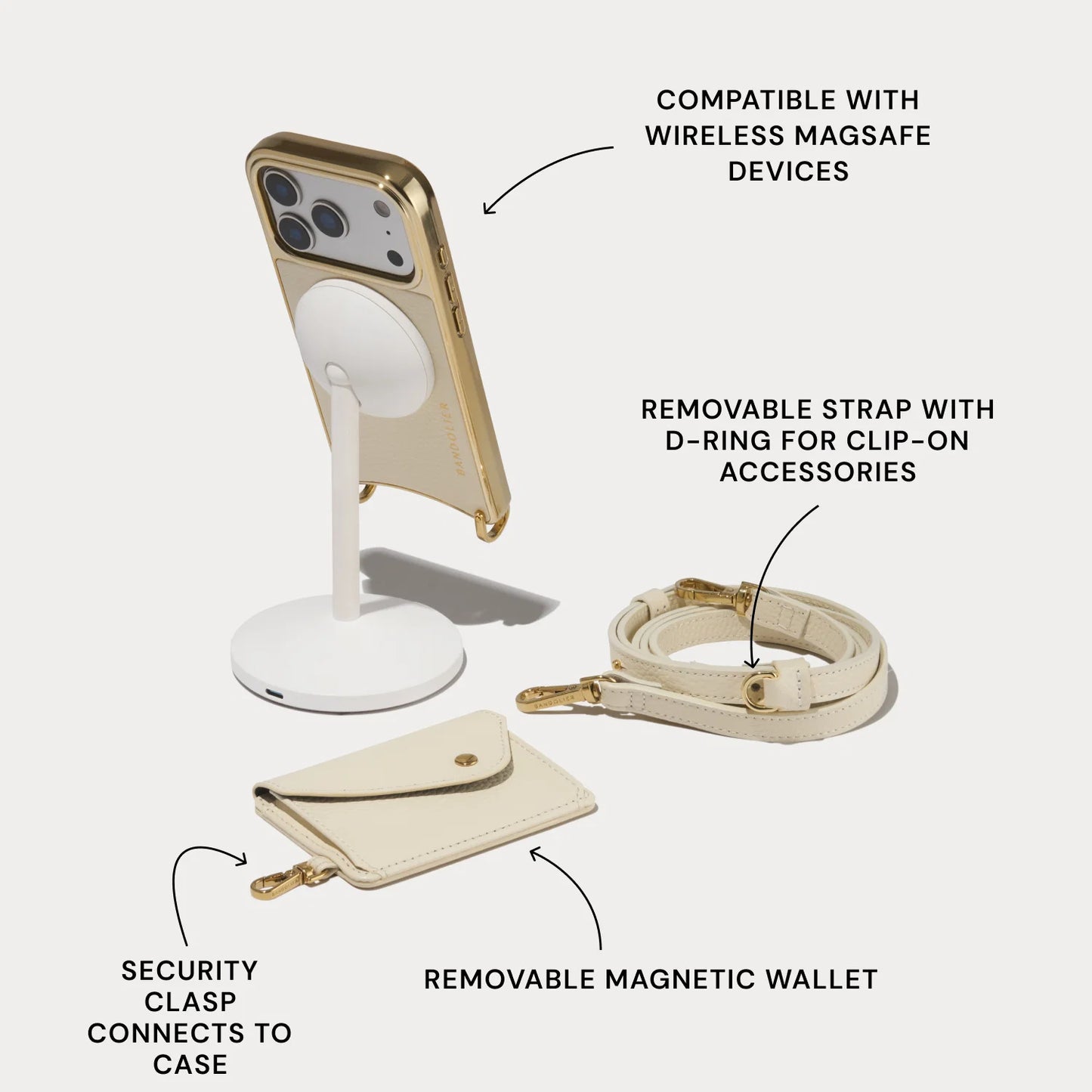 Remi Magnet Wallet Crossbody Phone Case Pouch Set - Ivory/Chrome Gold