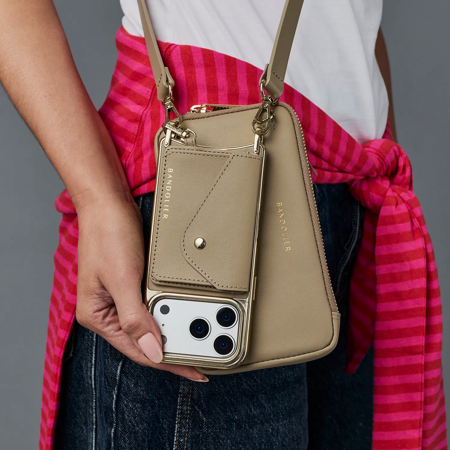 Smooth Leather Expanded Zip Pouch - Khaki/Gold