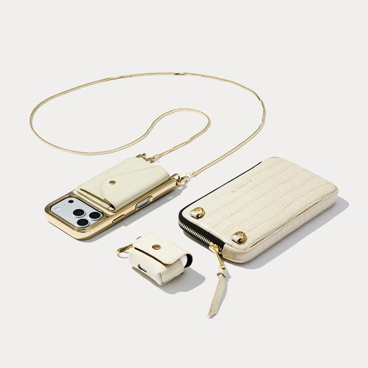 Remi Magnet Wallet Crossbody Phone Case Essentials Set - Ivory Croc/Gold