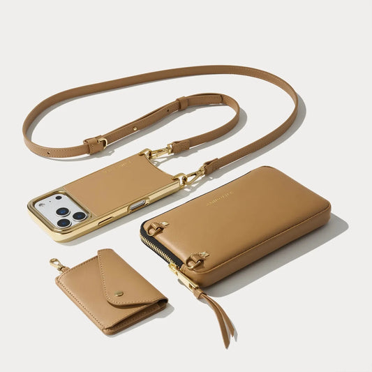 Remi Magnet Wallet Crossbody Phone Case Pouch Set - Tan/Chrome Gold