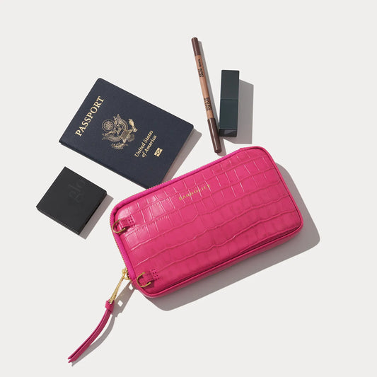 Expanded Zip Pouch - Magenta Croc/Gold