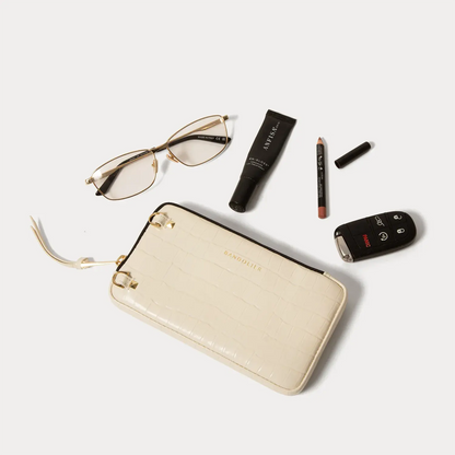 Remi Magnet Wallet Crossbody Phone Case Pouch Set - Ivory Croc/Gold