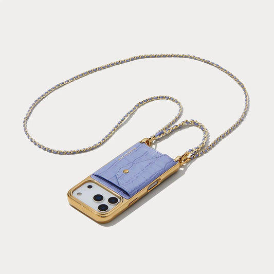 Lily Chrome Side Slot Leather Crossbody Bandolier Set - Lavender Croc/Chrome Gold