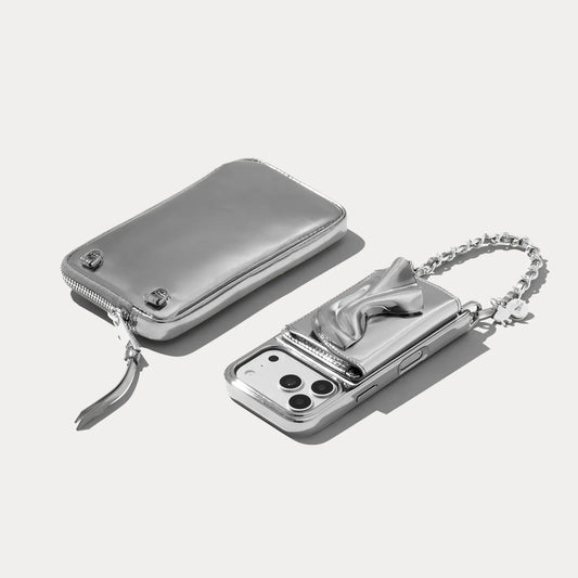 The Kaia Wristlet Pouch Set - Silver Patent/Silver