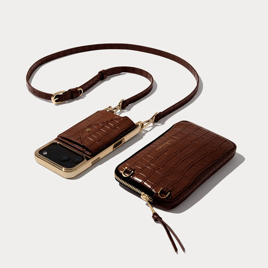 Remi Magnet Wallet Crossbody Phone Case Pouch Set - Brown Croc/Gold